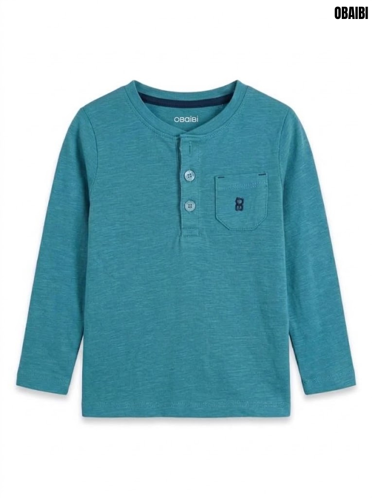 OBAIBI Boys Teal Blue Long-Sleeve Henley T-Shirt with Pocket| SM GARMENTS