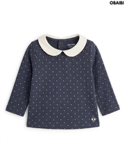 Obaibi Girls' Charcoal Navy Mini Polka Dot Peter Pan Collar Long-Sleeve Top