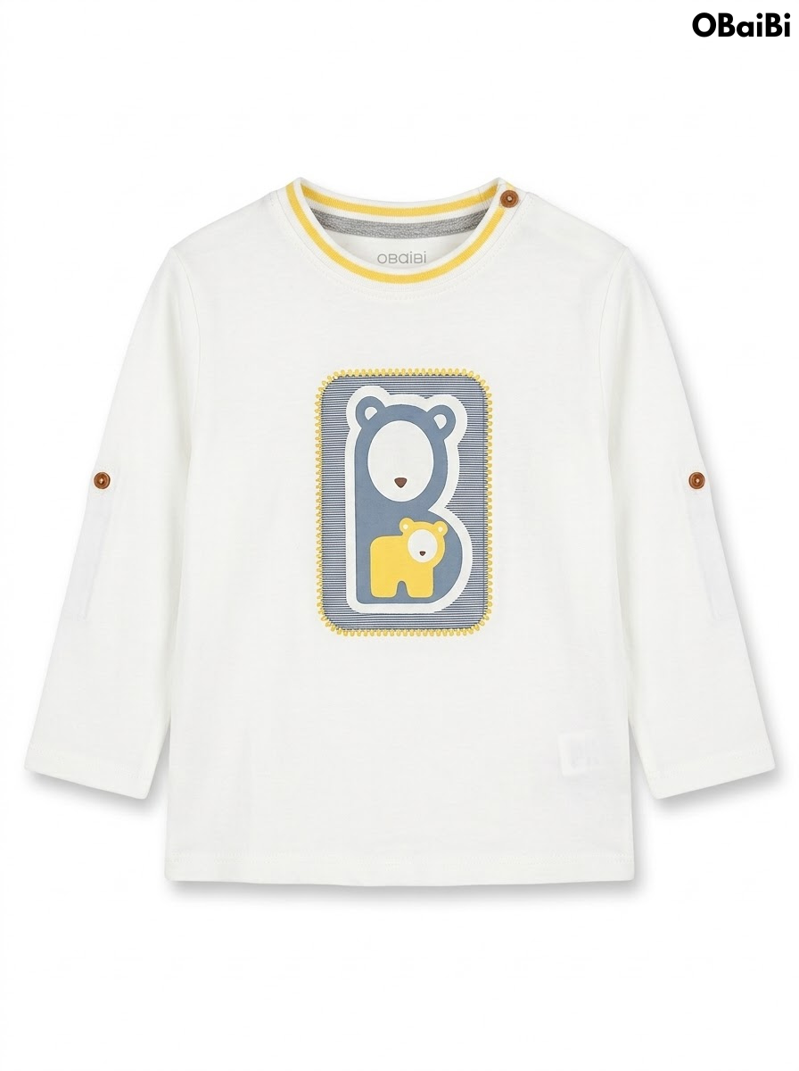 Obaibi Boys Off-White Bear Patch Convertible Roll-Up Sleeve Cotton Long-Sleeve T-Shirt| SM GARMENTS