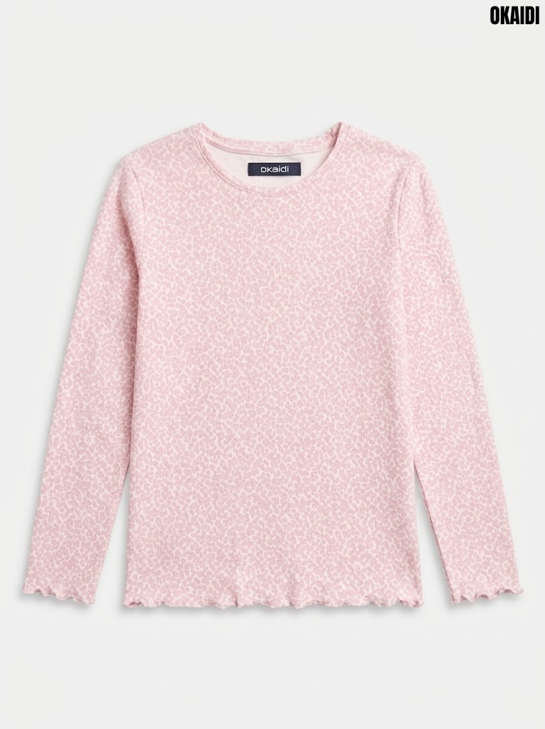 Okaidi Girls Pink Floral Print Long-Sleeve Ribbed T-Shirt| SM GARMENTS
