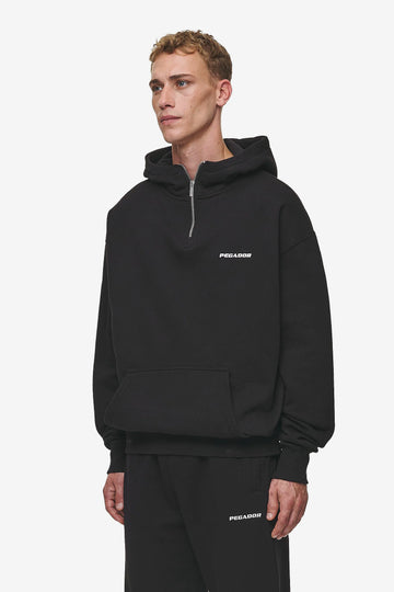 PEGADOR Mens Logo Oversized Halfzip Hoodie Washed Black