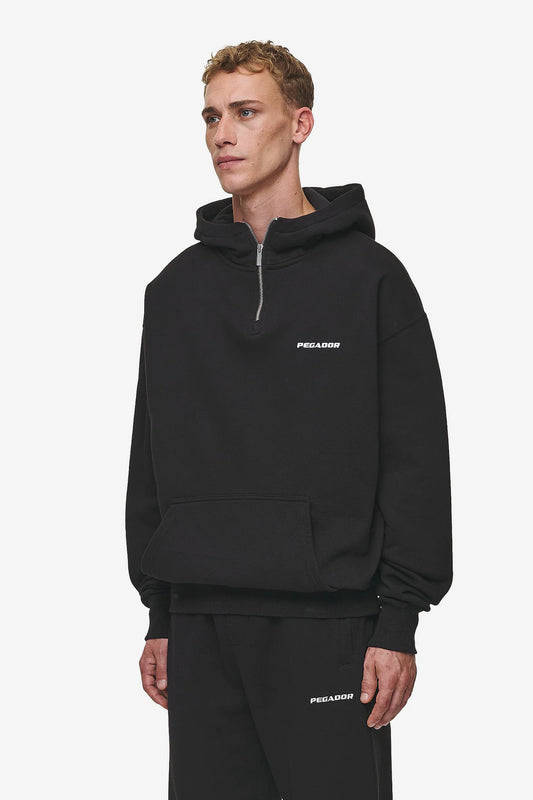 PEGADOR Mens Logo Oversized Halfzip Hoodie Washed Black