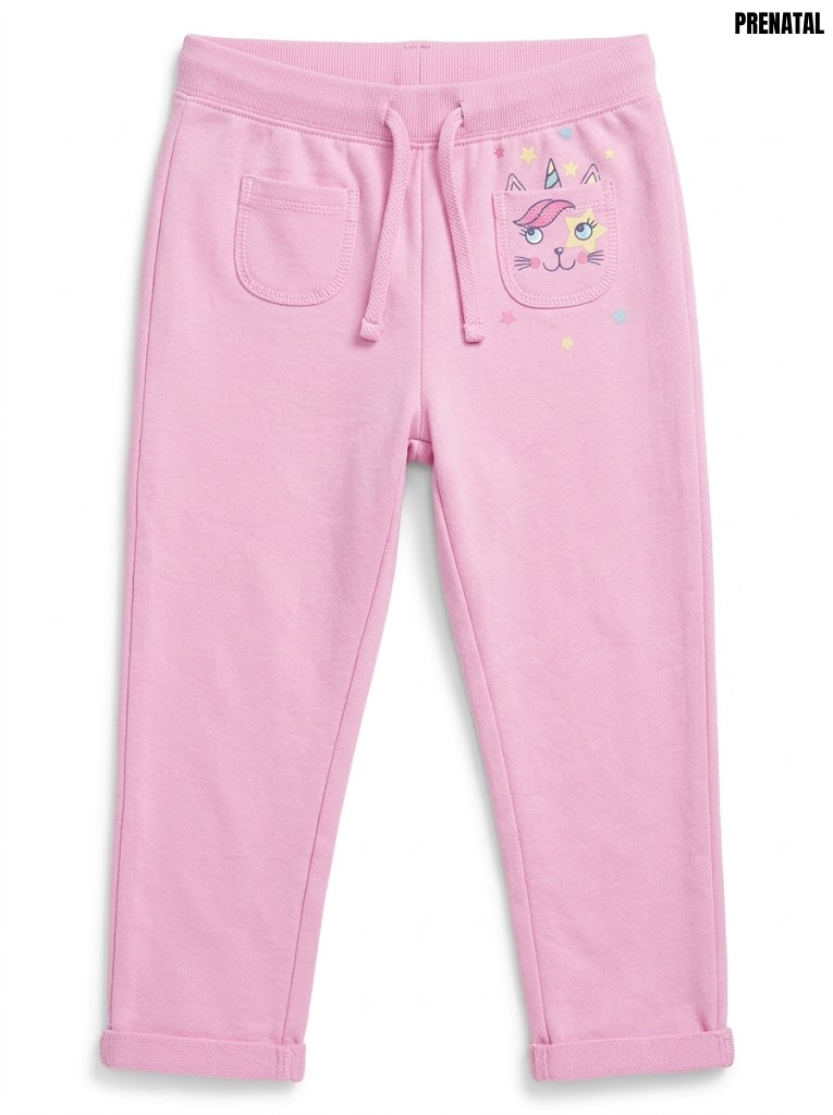 Prenatal Girls Pink Cat Graphic Casual Fleece Jogger Pants| SM GARMENTS