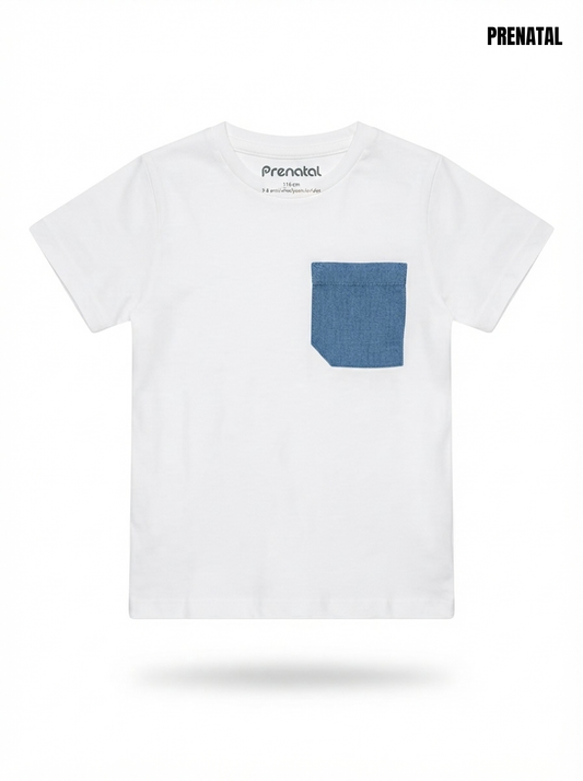 Boys' Classic White T-Shirt with Denim Pocket