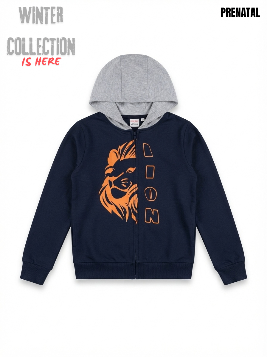WINTER Boys' Navy Blue Lion Graphic Full-Zip Hoodie