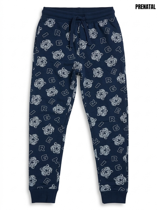 Boys' Navy Blue Tiger & Letter Print Joggers – Cool Graphic Sweatpants with Elastic Drawstring Waist