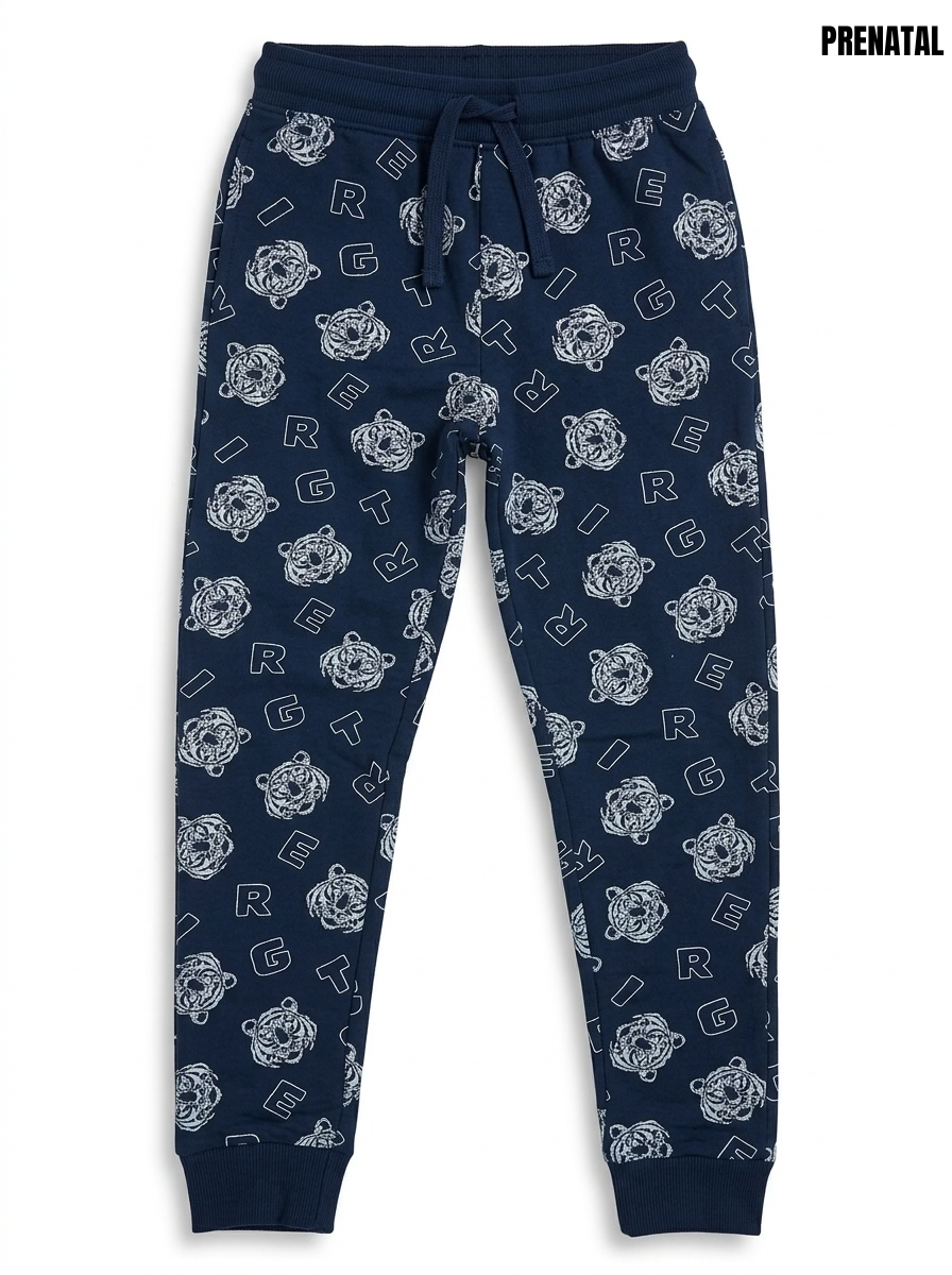 Boys' Navy Blue Tiger & Letter Print Joggers – Cool Graphic Sweatpants with Elastic Drawstring Waist