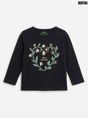 Redtag Girls Black Have a Good Day Floral Heart Long-Sleeve TShirt