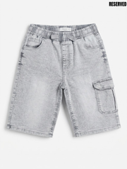 Reserved Boys Light Grey Acid Wash Elastic Waist Denim Cargo Shorts| SM GARMENTS