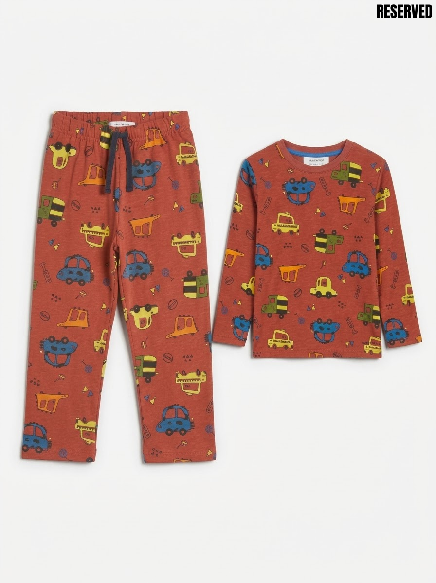 Reserved Boys Rust Red Construction Vehicle Print Long-Sleeve Top and Pants Set| SM GARMENTS