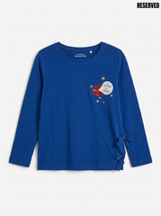 Reserved Girls Blue Long-Sleeve Graphic T-Shirt with Side Bow Ties| SM GARMENTS