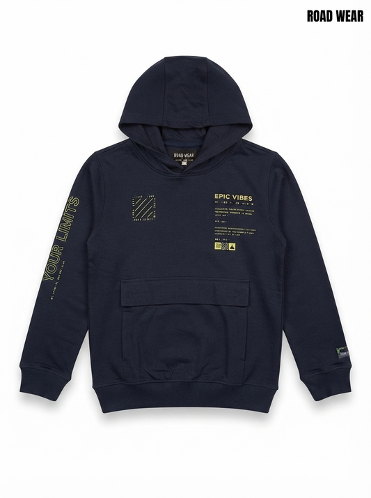 Boys' Stylish Navy Blue Graphic Hoodie with Pocket
