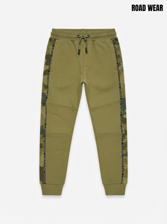 Boys' Olive Green Camo Side-Striped Joggers with Drawstring Waist