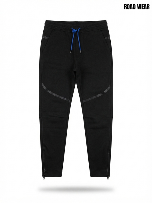 Boys' Black Tech-Style Joggers with Contrast Blue Drawstring and Ankle Zippers