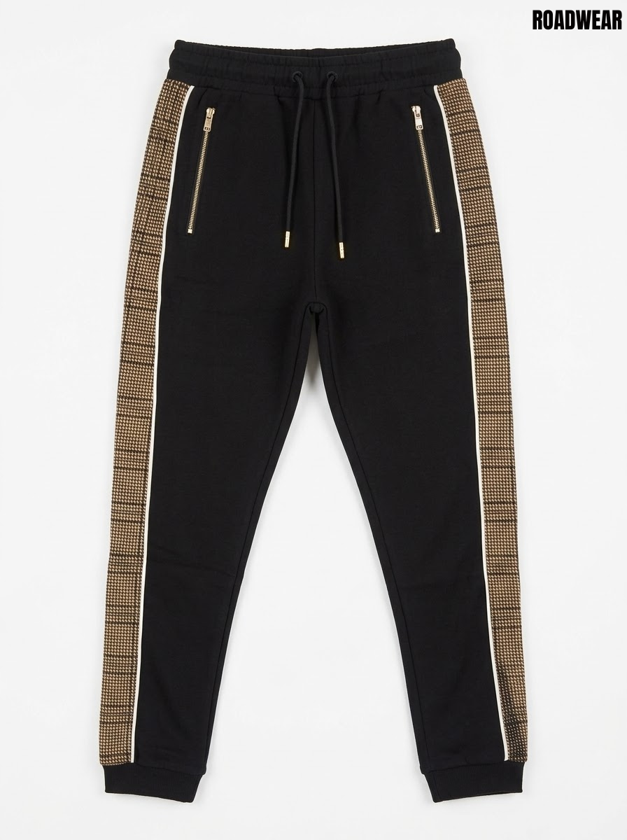 Road Wear Boys Black Drawstring Fleece Jogger Pants with Plaid Side Tape & Zipper Pockets| SM GARMENTS