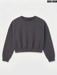 Girls' Charcoal Grey Drop-Shoulder Fleece Sweatshirt with Elastic Hem
