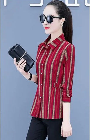 Womens Striped Long Sleeve Button Slim Tops