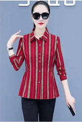 Womens Striped Long Sleeve Button Slim Tops