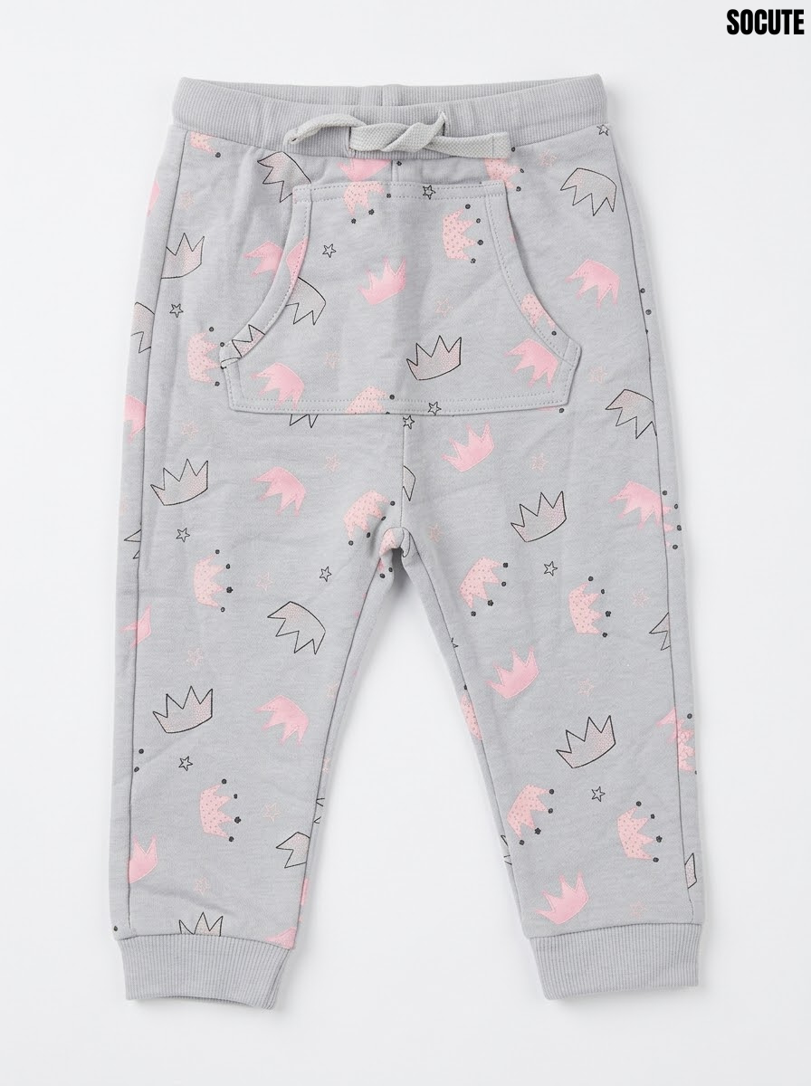 Socute Girls' Grey Crown & Star Print Drawstring Fleece Jogger Pants| SM GARMENTS
