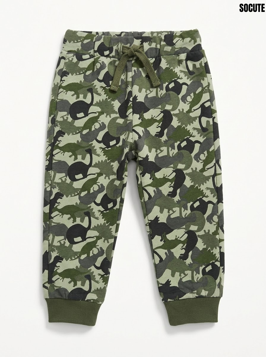 Socute Boys Olive Green Dinosaur Camo Print Drawstring Fleece Jogger Pants| SM GARMENTS