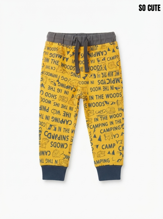 Boys’ Printed Yellow Jogger Pants – Camping In The Woods All-Over Graphic Trousers