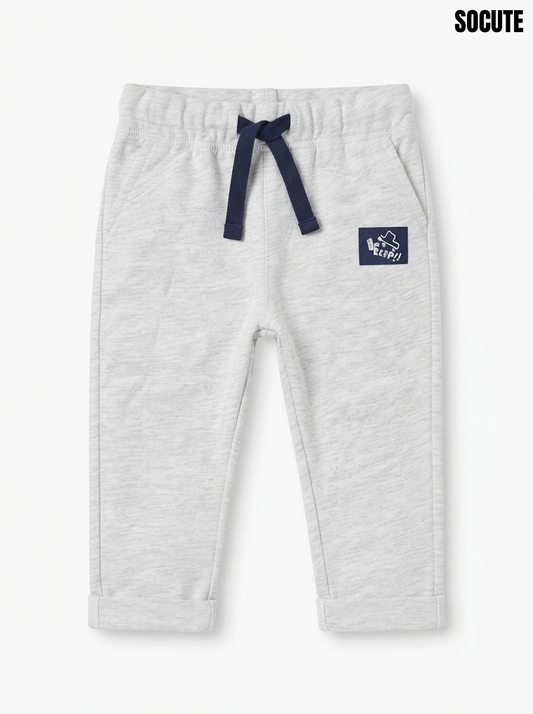 Boys’ Light Grey Marl Jogger Pants – Soft Cotton Drawstring Sweatpants with Graphic Patch