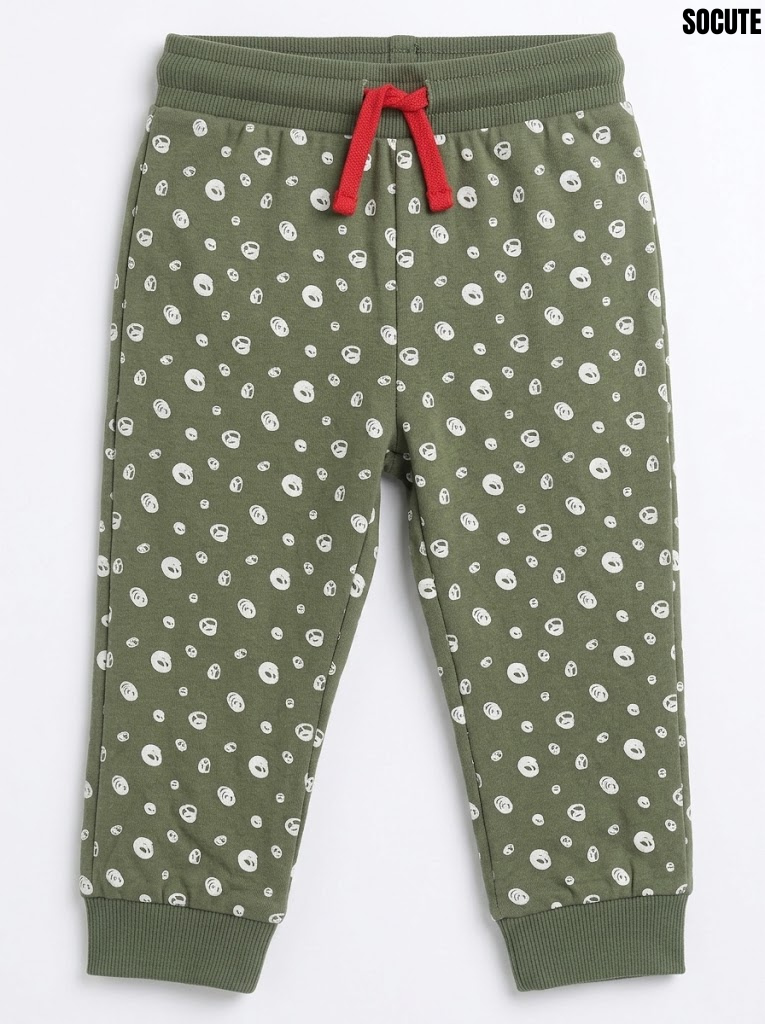 Socute Boys Olive Green Mini Alien Print Drawstring Fleece Jogger Pants| SM GARMENTS