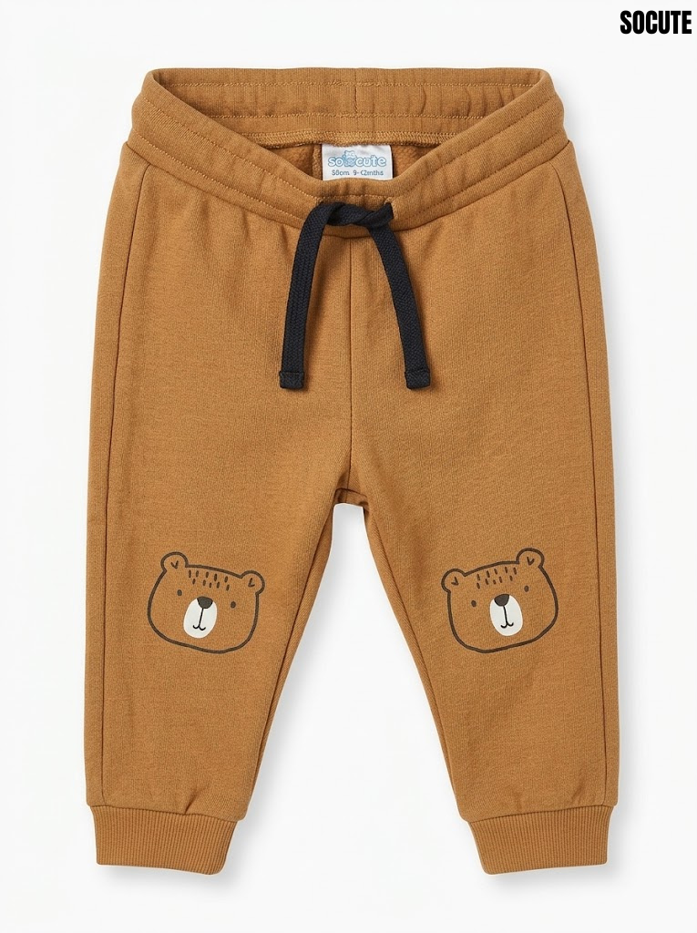 Socute Boys Ochre Brown Bear Knee Graphic Drawstring Fleece Jogger Pants| SM GARMENTS