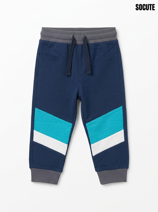 Boys' Navy Blue Colorblock Joggers – Sporty Chevron Striped Sweatpants with Elastic Drawstring Waist