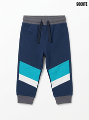 Boys' Navy Blue Colorblock Joggers – Sporty Chevron Striped Sweatpants with Elastic Drawstring Waist