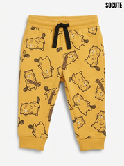 Girls' Mustard Yellow Animal Print Joggers – Cute Beaver Pattern Sweatpants with Elastic Drawstring Waist