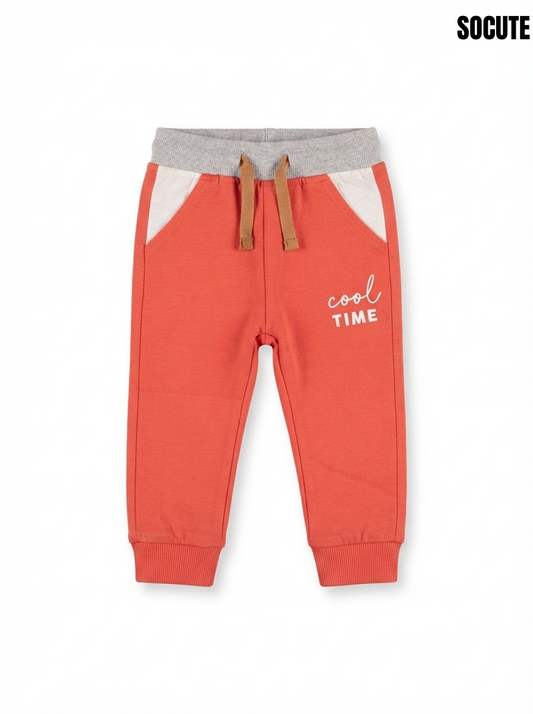 Boys’ Rust Red Colorblock Joggers – "Cool Time" Graphic Drawstring Sweatpants