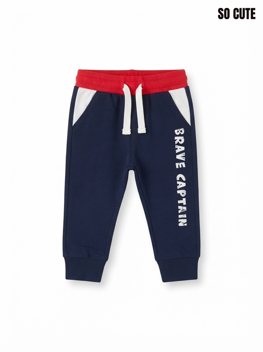 Boys’ Navy Blue Colorblock Joggers – "Brave Captain" Graphic Sweatpants