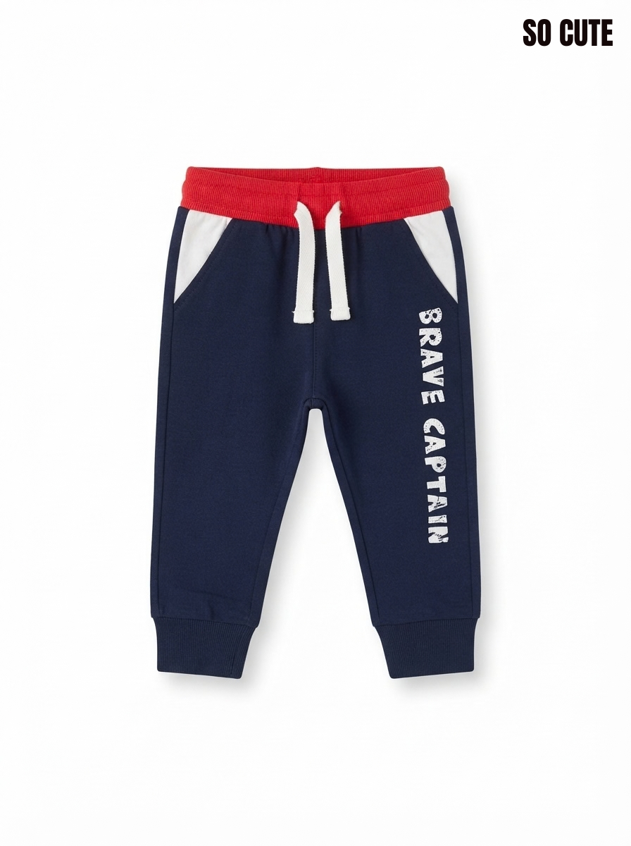 Boys’ Navy Blue Colorblock Joggers – "Brave Captain" Graphic Sweatpants