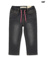 S&T Girls' Charcoal Washed Elastic Drawstring Stretch Denim Jeans| SM GARMENTS