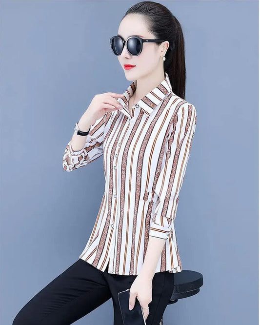 Womens Striped Long Sleeve Button Slim Tops&nbsp;