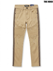 True Indigo Boys Khaki Tan Biker Stretch Pants with Side Tape Stripes & Distressed Details| SM GARMENTS