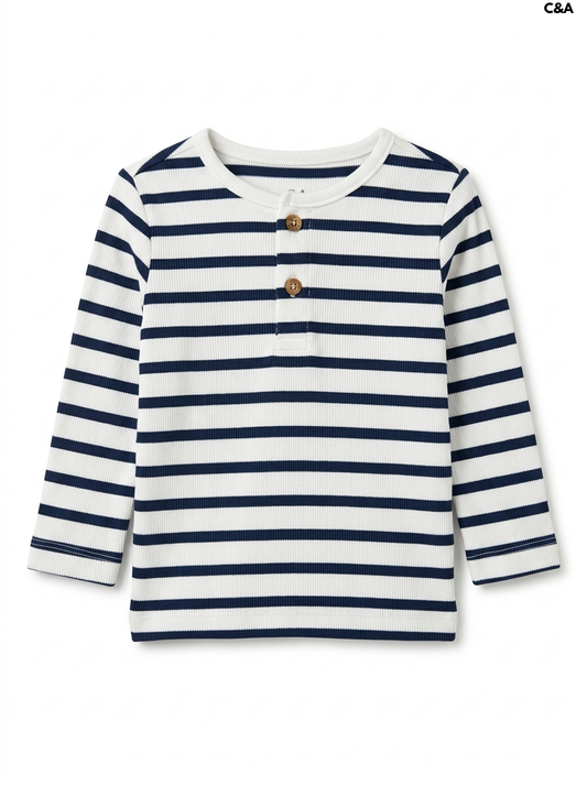 Imported Girls Navy Blue and White Striped Henley Top