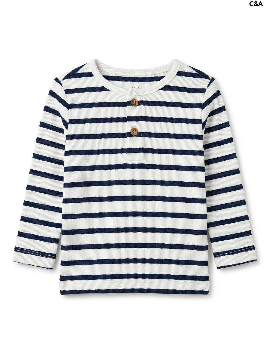 Imported Girls Navy Blue and White Striped Henley Top