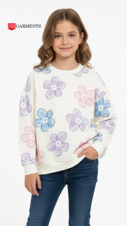 LCW GIRLS WHITE FLORAL PRINTED SWEATSHIRT