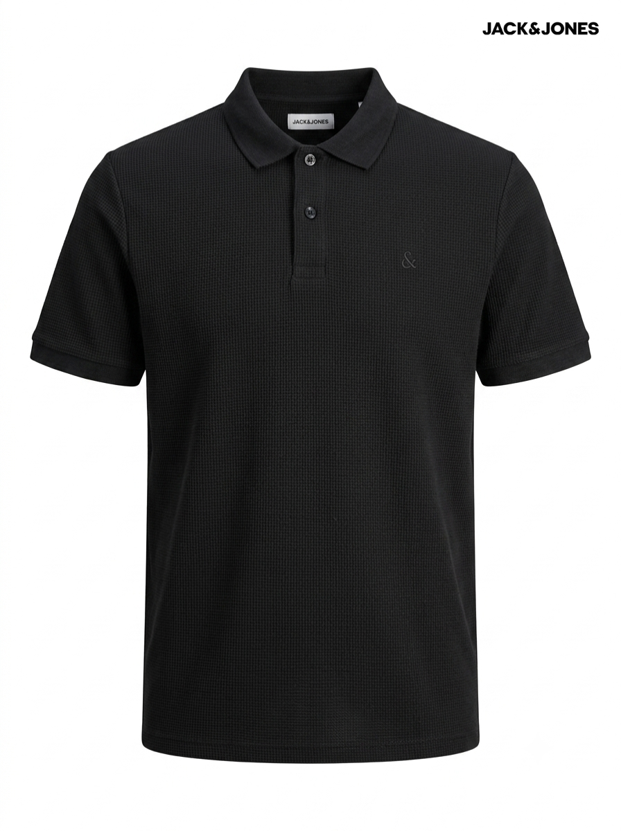 Men's Textured Waffle-Knit Polo Shirt – Black