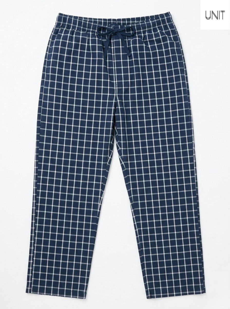 UNIT Men's Navy Blue Checkered Casual Trousers with Drawstring Waist