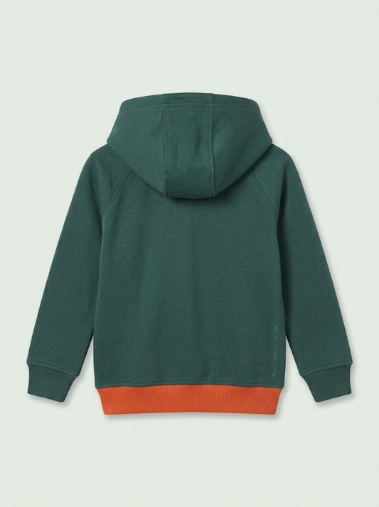 Kids Dark Green Casual Pullover Hoodie with Contrast Orange Hem