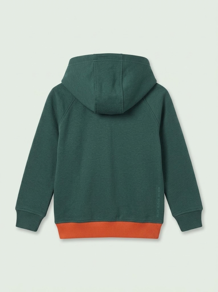 Kids Dark Green Casual Pullover Hoodie with Contrast Orange Hem