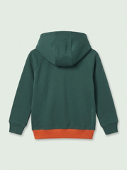 Kids Dark Green Casual Pullover Hoodie with Contrast Orange Hem