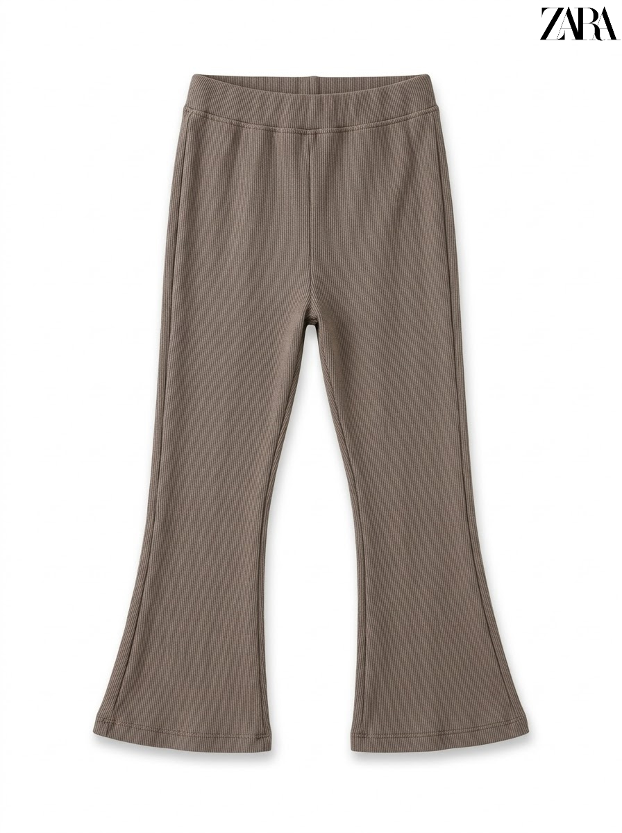 Girls Branded Taupe Ribbed Knit Casual Flared Leggings| SM GARMENTS