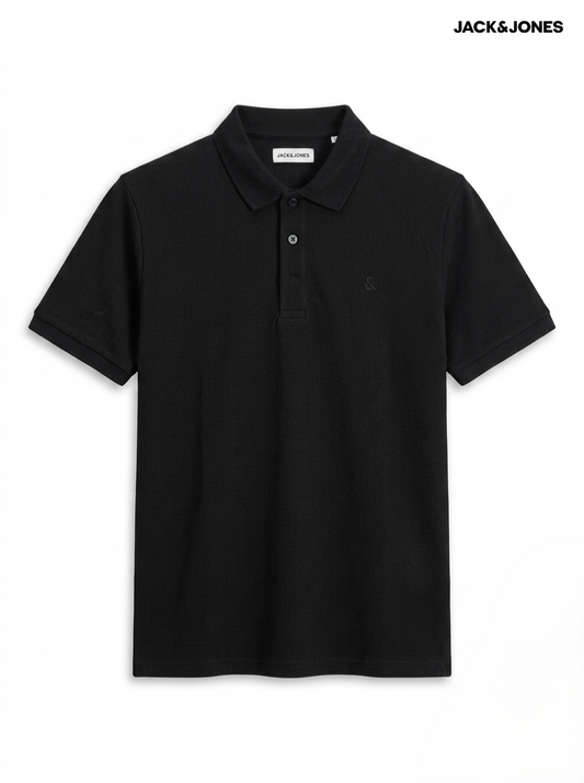 Jack & Jones Men's Textured Waffle-Knit Polo Shirt – Black