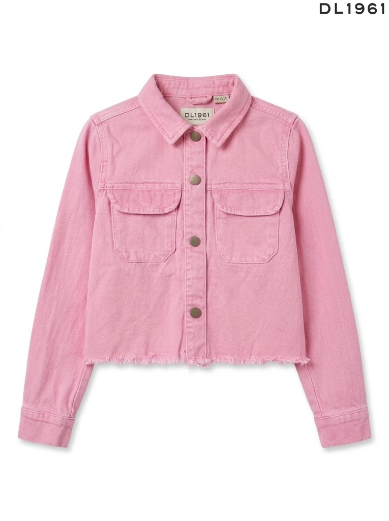 DL Girls Pink Denim Cropped Jacket with Raw-Edge Hem| SM GARMENTS