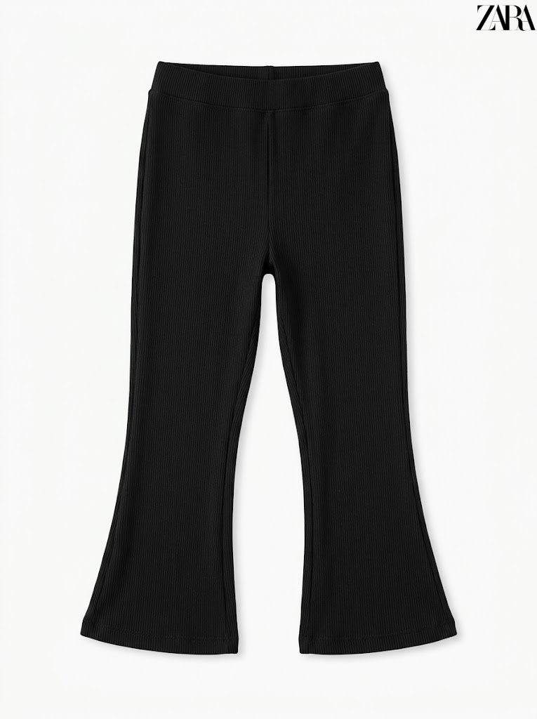 Girls Branded Black Ribbed Knit Casual Flared Leggings| SM GARMENTS