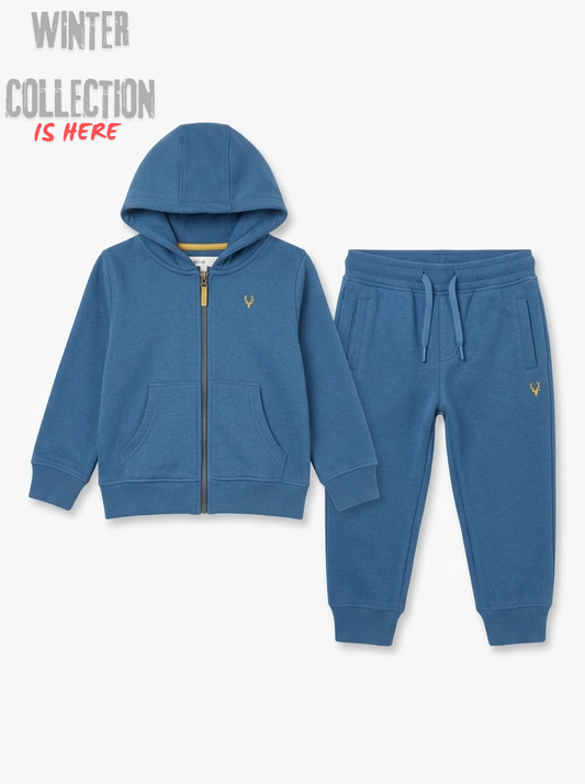 Boys' 2-Piece Blue Hoodie & Joggers Tracksuit Set with Gold Embroidered Motif